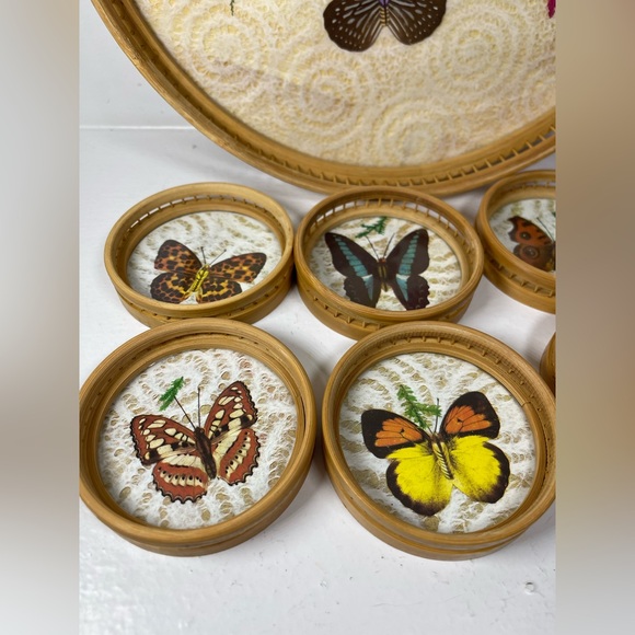 Vintage Bamboo/Rattan/Glass pressed flower & Butterfly tray/coaster set 7 pcs - Picture 4 of 16